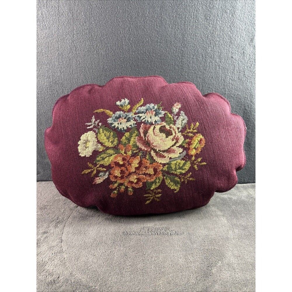 Vintage Flower Pillow Needlepoint Floral Theme Retro Velvet Back Cushion Burgund